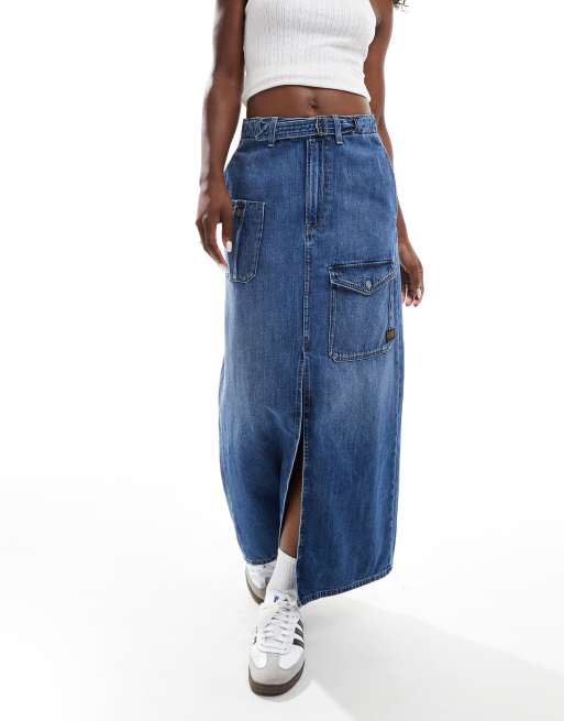 G-Star - Denim maxi cargorok met riem in mid-wash blauw