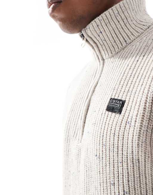 G-Star - Gebreide trui van zware stof met korte rits in gemêleerd beige, 3 van 4