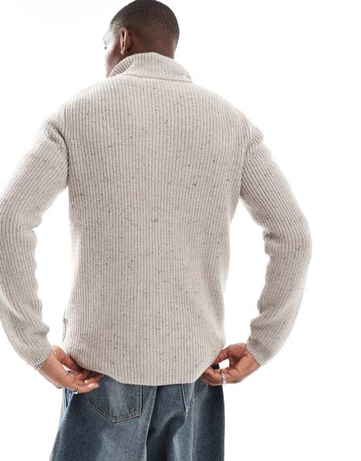 G-Star - Gebreide trui van zware stof met korte rits in gemêleerd beige, 4 van 4