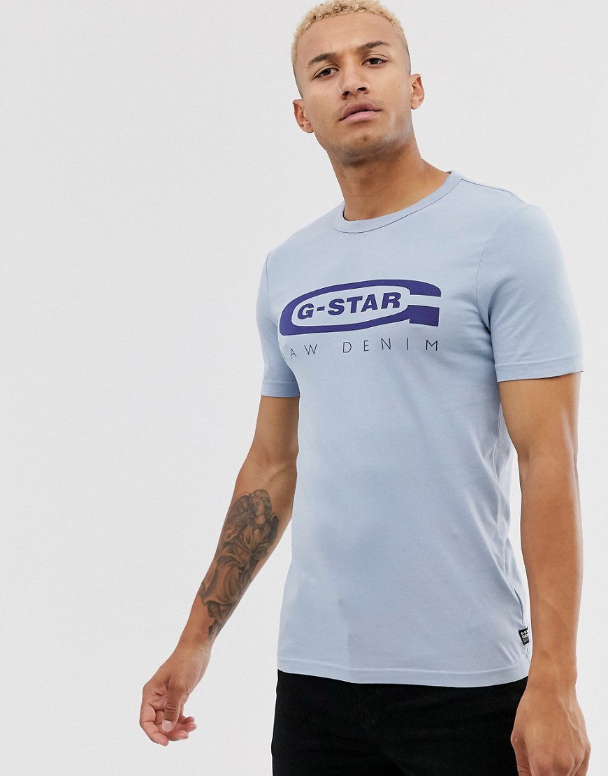 G-Star - Graphic 4 - T-shirt slim in cotone organico azzurra con logo sul petto-Blu