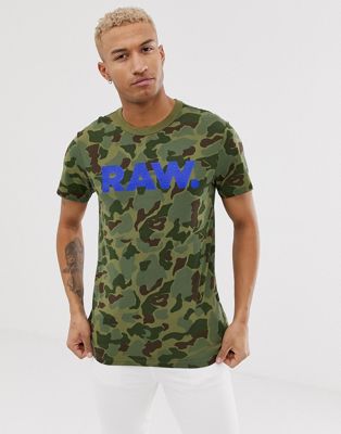 G-Star – Grön, kamouflagemönstrad t-shirt med grafiskt RAW-tryck