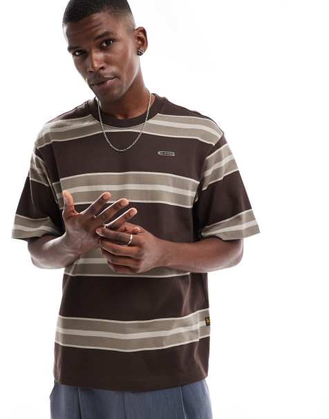 G-Star – Kastiges Oversize-T-Shirt mit horizontalen Streifen in Braun und Beige - view 1