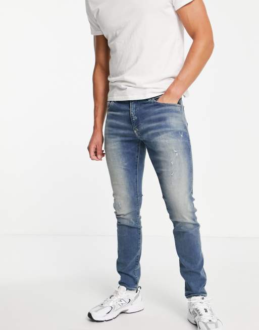 G-Star – Mellanblå skinny jeans med revor