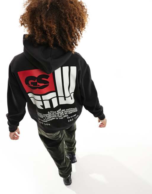G-Star – Oversize-Kapuzenpullover in Schwarz mit Rückenprint