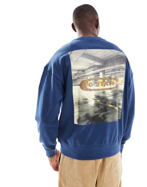 G-Star - Oversized sweatshirt in donkerblauw met logo op de borst en fotoprint op de achterkant