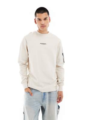 G-Star G-Star P-3 long sleeve t-shirt in off white with logo chest print and sleeve pocket-Neutral