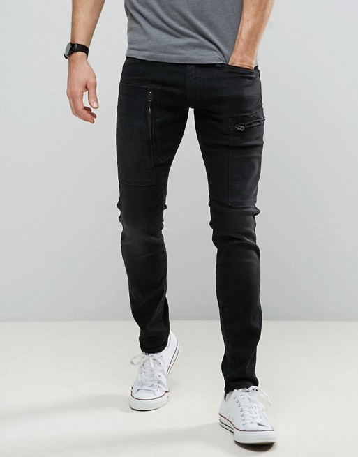 G-Star Powel Super Slim Jeans Dark Aged Black Cargo Zip Pocket