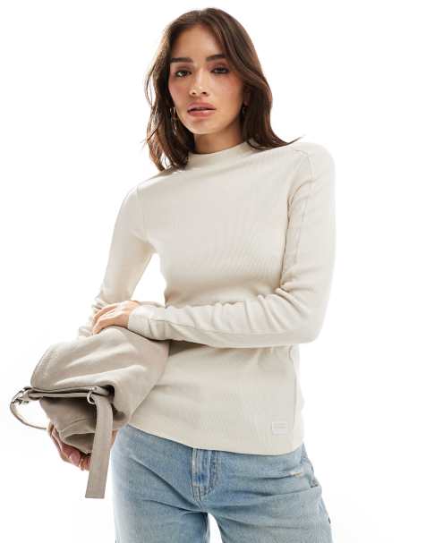 G-Star slim ribbed long sleeve t-shirt in beige with mock neck - view 1