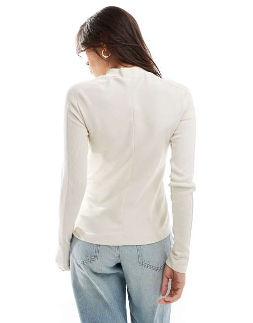 G-Star slim ribbed long sleeve t-shirt in beige with mock neck, 2 of 4