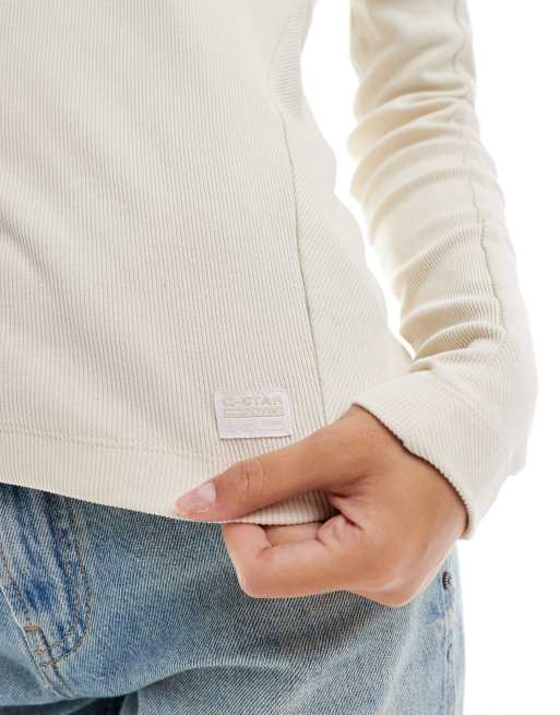 G-Star slim ribbed long sleeve t-shirt in beige with mock neck, 4 of 4