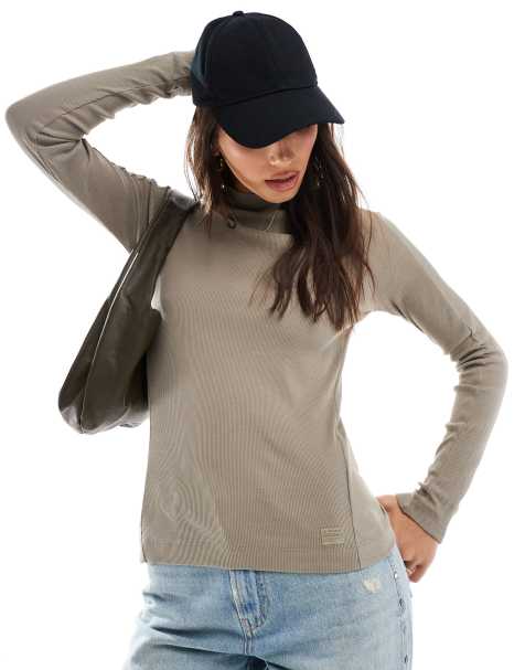 G-Star slim ribbed long sleeve t-shirt in light brown with mock neck