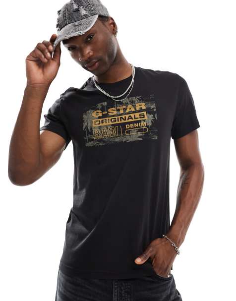 G-Star - Sort T-shirt med firkantet palmeprint med logo - view 1