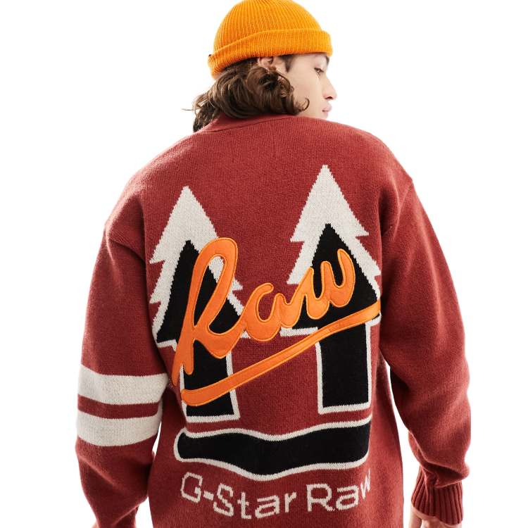 G-Star – Strickjacke in Dunkelrot mit College-Grafiken und Stickerei