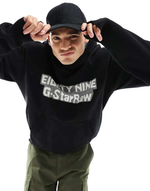 G-Star - Sweat à capuche oversize en maille avec imprimé rétro à l'avant - Noir