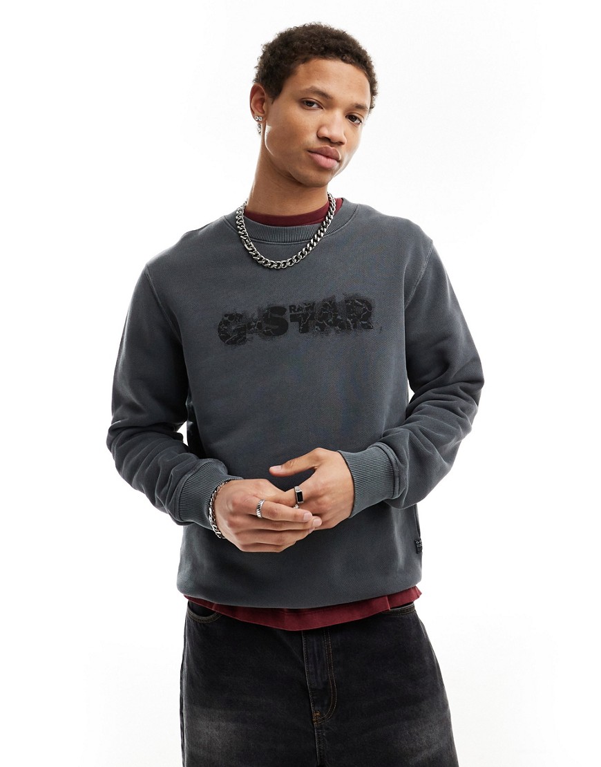 G-star sweatshirt in washed black with distressed logo print