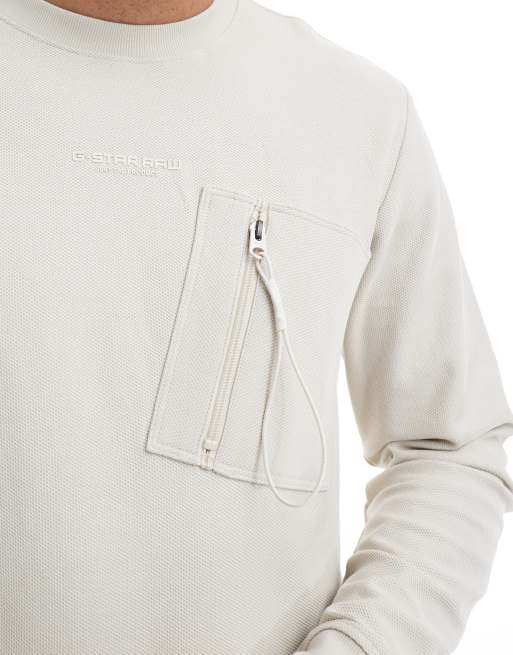 G-Star - T-shirt gaufré à manches longues et poche plaquée zippée - Blanc cassé, 3 de 4