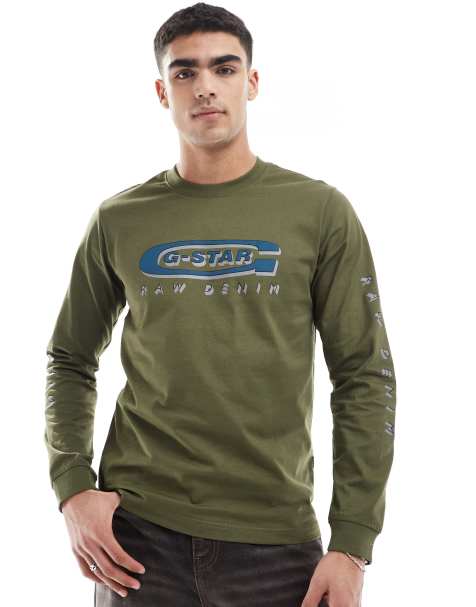 G-Star - T-shirt met lange mouwen en old skool logo in kaki - view 1