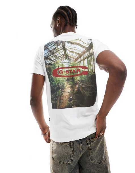G-Star - T-shirt met logo op de borst en fotoprint op de rug in wit - view 1
