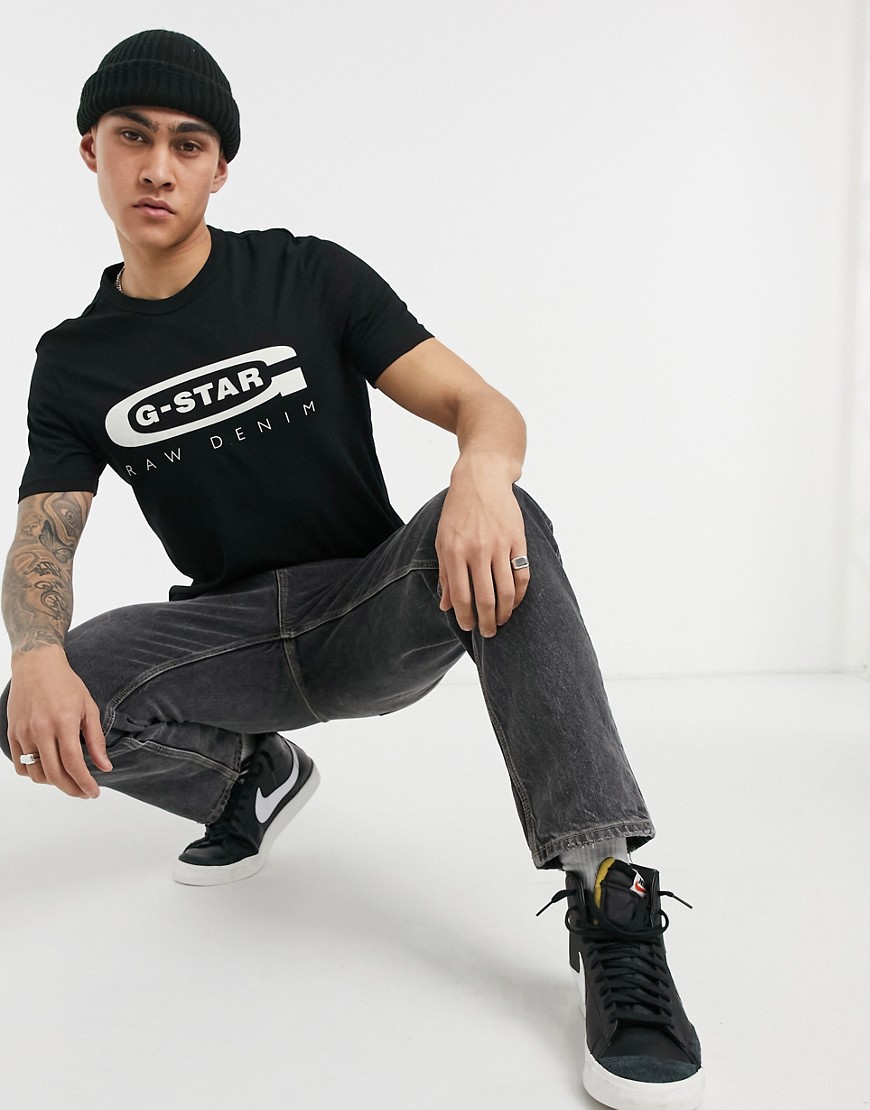 G-Star - T-shirt slim nera in cotone organico con stampa e logo sul petto-Nero