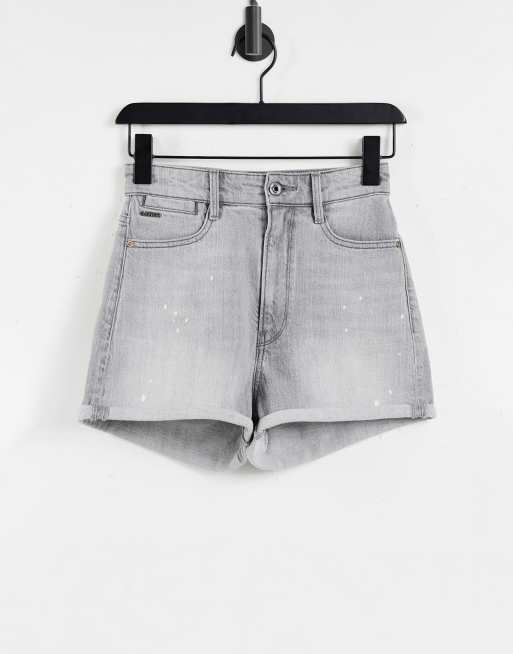 G-Star tedie ultra high rise rolled hem distressed denim shorts in gray