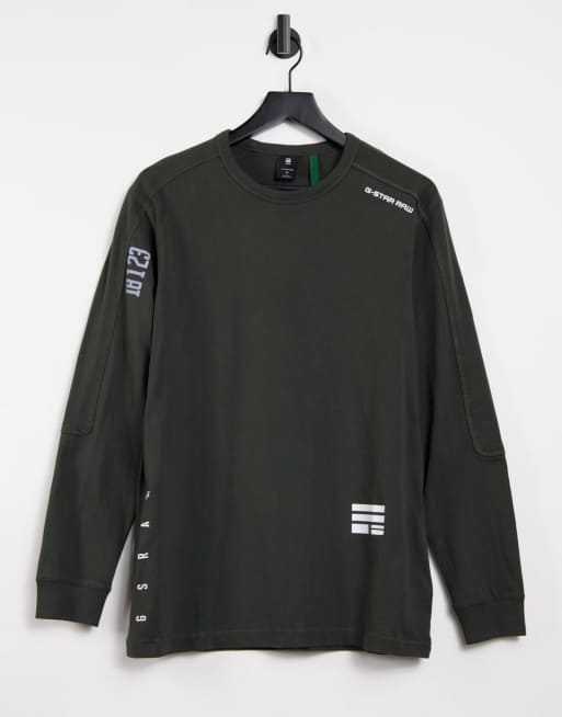G-Star - Top a maniche lunghe oliva con scritta sulla manica
