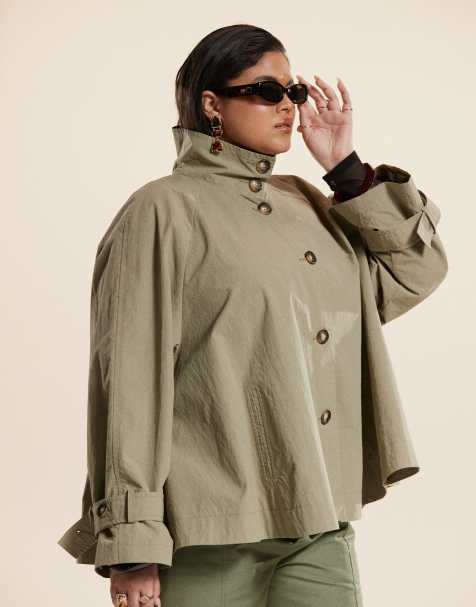Gabardina color oliva con cuello alzado y detalle de capa en la espalda de ASOS DESIGN Curve - view 1