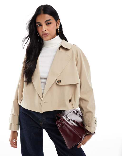 Gabardina corta color piedra con bajo abullonado de ASOS DESIGN