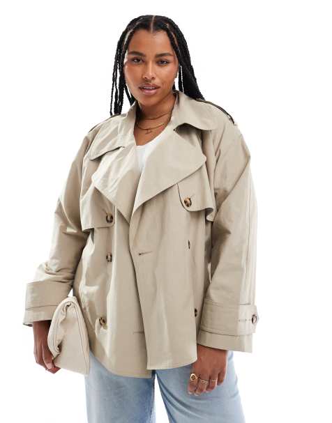 Gabardina corta color piedra extragrande con cinturón de ASOS DESIGN Curve - view 1