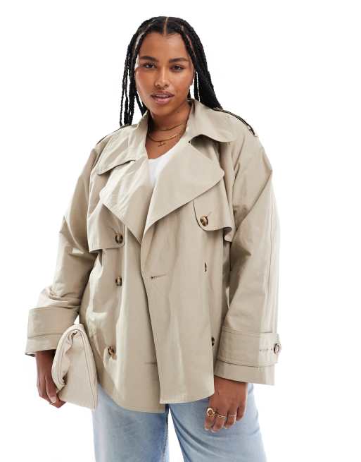 Gabardina corta color piedra extragrande con cinturón de ASOS DESIGN Curve