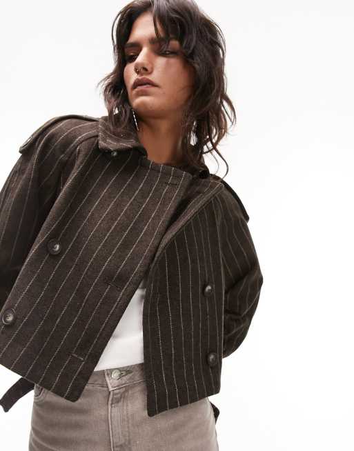 Gabardina corta marrón con raya diplomática de lana de Topshop (parte de un conjunto)
