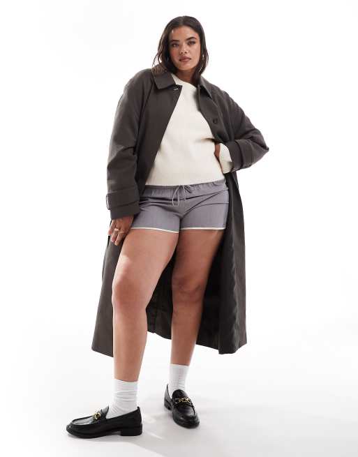 Gabardina de sastre larga marrón grisáceo con cuello de solapas de ASOS DESIGN Curve