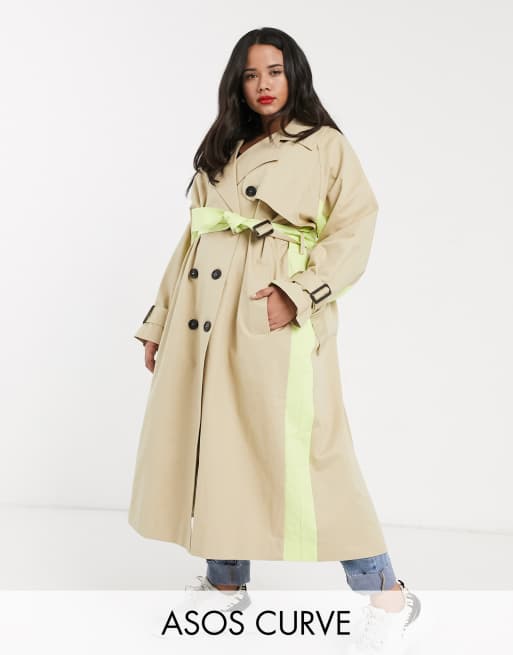 Gabardina en color piedra con diseño dividido en color neón de ASOS DESIGN Curve
