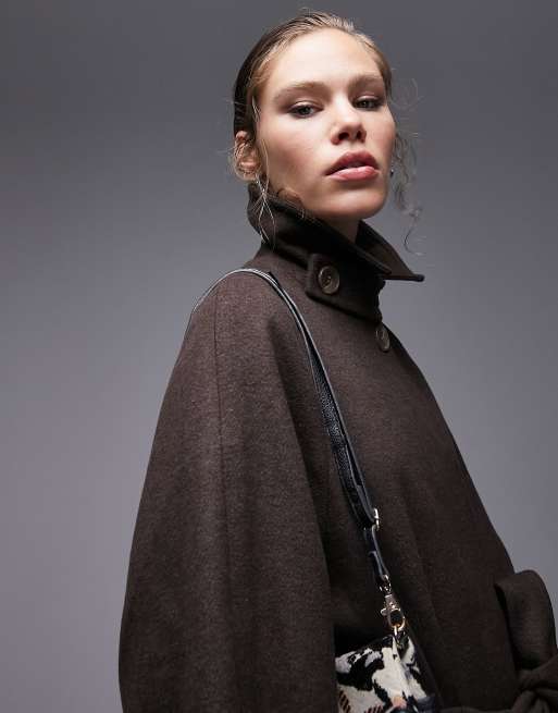 Gabardina larga marrón chocolate con cinturón de tejido cepillado de Topshop , 2 de 4