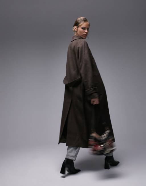 Gabardina larga marrón chocolate con cinturón de tejido cepillado de Topshop , 4 de 4