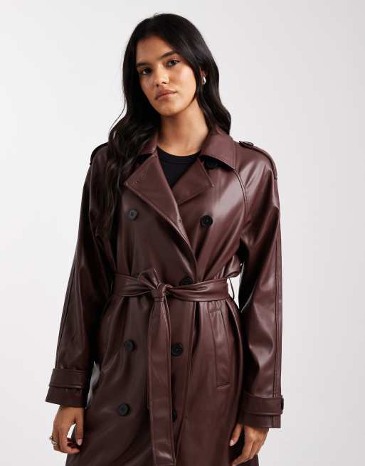 Gabardina larga marrón chocolate de cuero sintético de ONLY, 4 de 4
