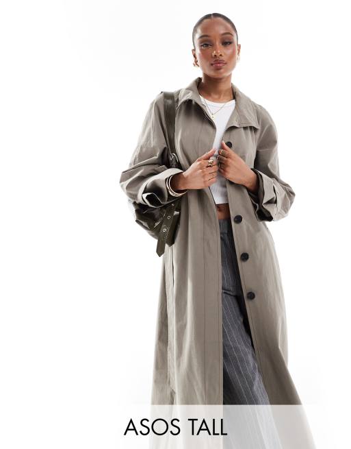 Gabardina larga marrón grisáceo extragrande y largo con cuello alzado de ASOS DESIGN Tall