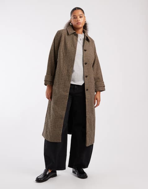 Gabardina marrón a cuadros con cinturón de New Look Curve - view 1