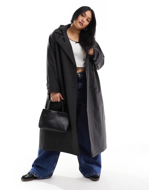 Gabardina negra impermeable con capucha y detalle de cinturón de goma de ASOS DESIGN Curve