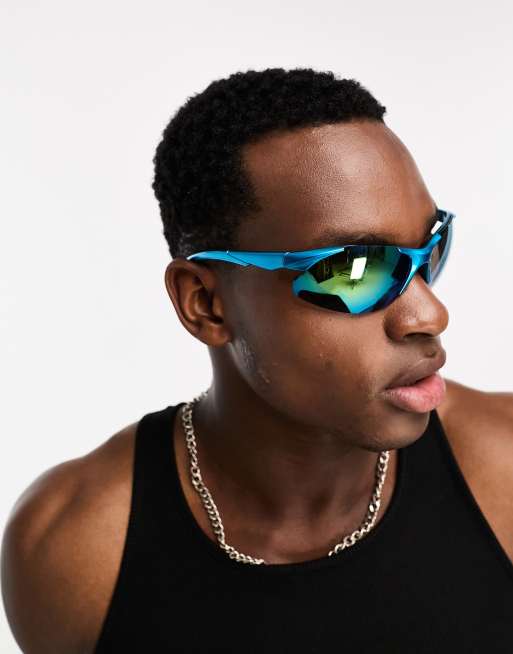 Gafas de sol azules de estilo deportivo sin montura con lentes efecto espejo de ASOS DESIGN, 4 de 4