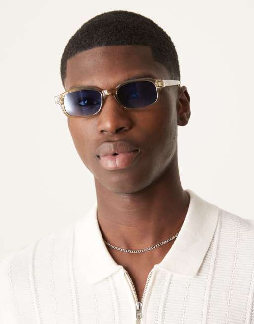 Gafas de sol beis cristalino con montura estrecha rectangular y lentes azules de ASOS DESIGN