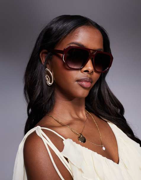 Gafas de sol burdeos de estilo aviador anguloso con montura fina de ASOS DESIGN - view 1