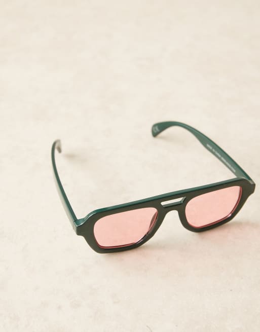 Gafas de sol color cerceta oscuro angulares de estilo aviador con lentes rosas de ASOS DESIGN
