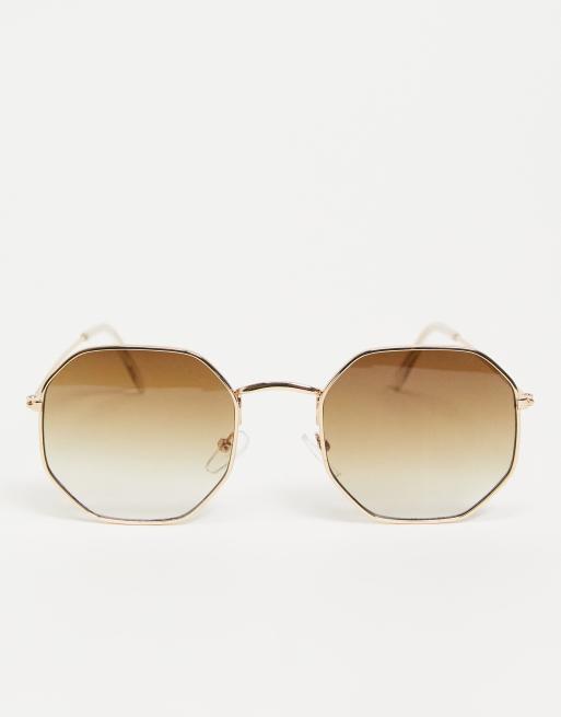 Gafas de sol con montura dorada hexagonal de metal y lentes marrones degradadas de ASOS DESIGN, 3 de 4