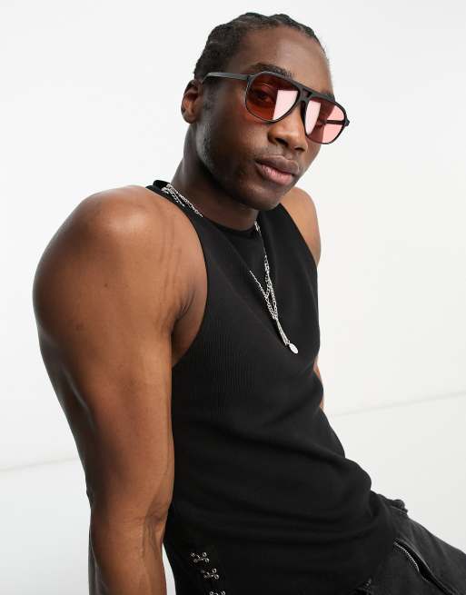 Gafas de sol de aviador con lentes rojas estilo años 70 ASOS DESIGN ASOS