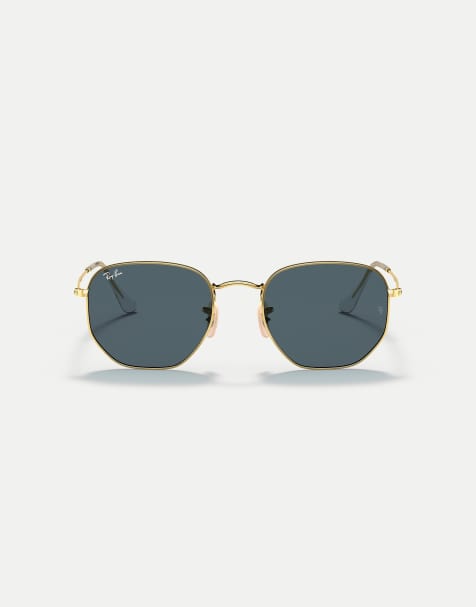 Gafas de sol doradas con montura hexagonal irregular y lentes azules planas de Ray-Ban - view 1