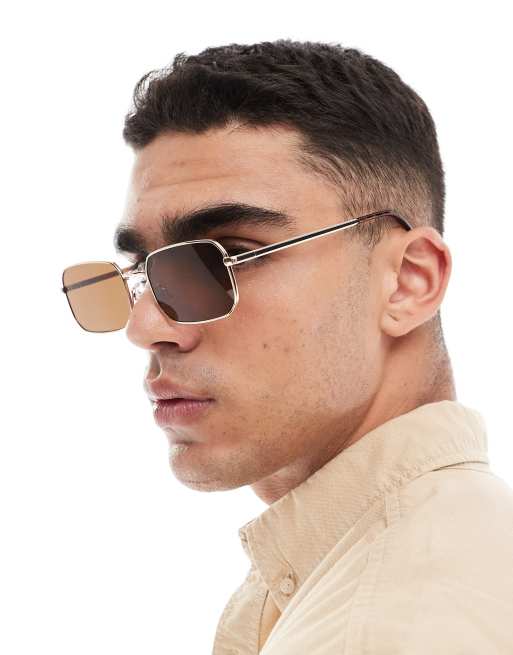 Gafas de sol doradas con montura rectangular de metal y lentes marrones de ASOS DESIGN, 3 de 4