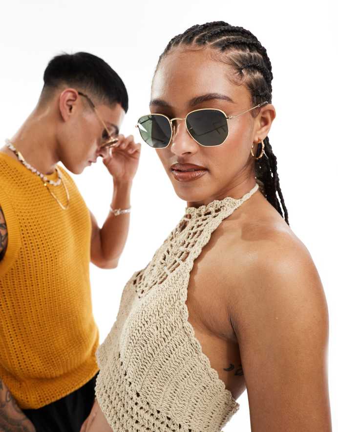 Ray-Ban Gafas de sol doradas hexagonales de