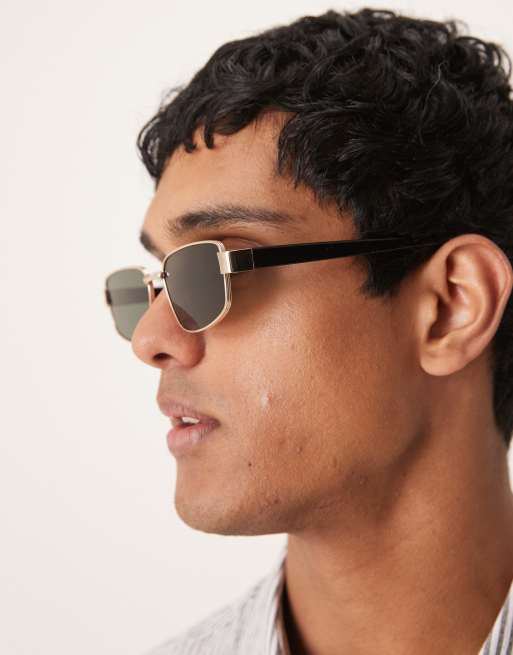Gafas de sol doradas rectangulares de metal con lentes verdes ahumadas de ASOS DESIGN