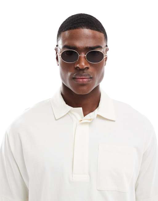 Gafas de sol doradas redondas estrechas con lentes marrones de ASOS DESIGN