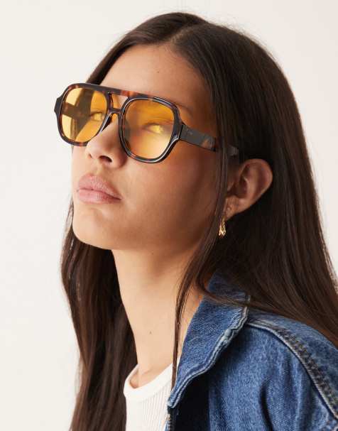 Gafas de sol efecto carey lechoso de estilo aviador con lentes amarillas de ASOS DESIGN - view 1